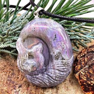 Nature Labradorite Carved Flashy Nine Tails fox & Moon Pendant Necklace